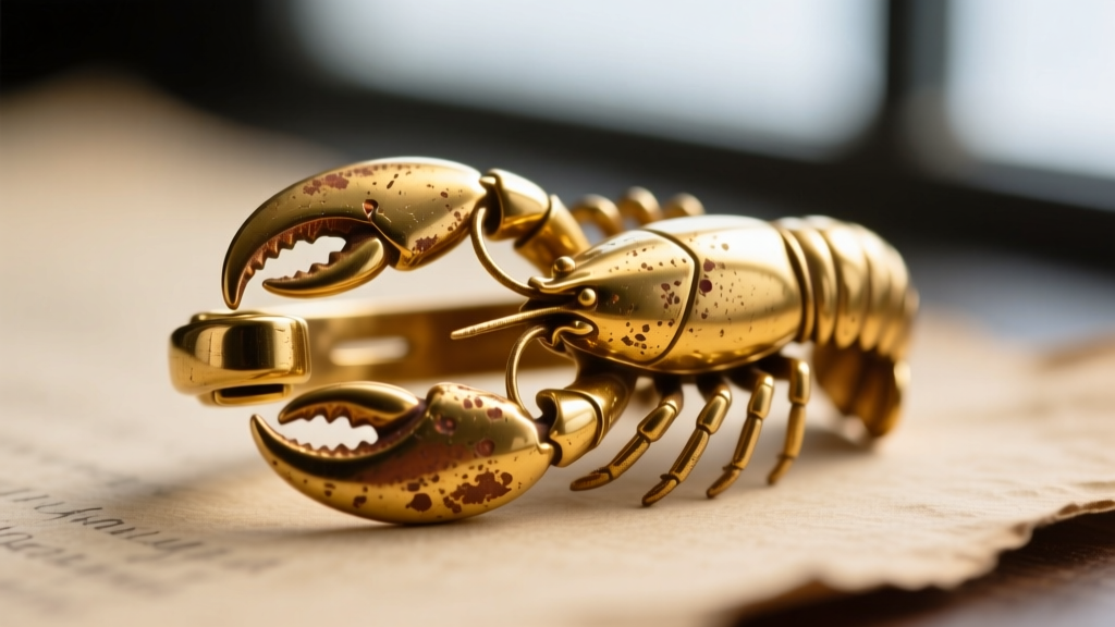 Macro close-up of a gold-plated vintage jewelry lobster clasp showing slight brassing and wear on the thumb trigger