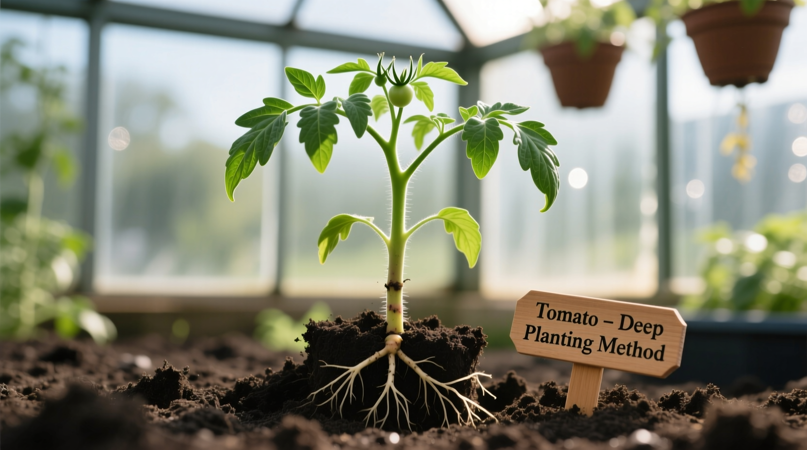 Properly planted tomato seedling showing deep planting technique