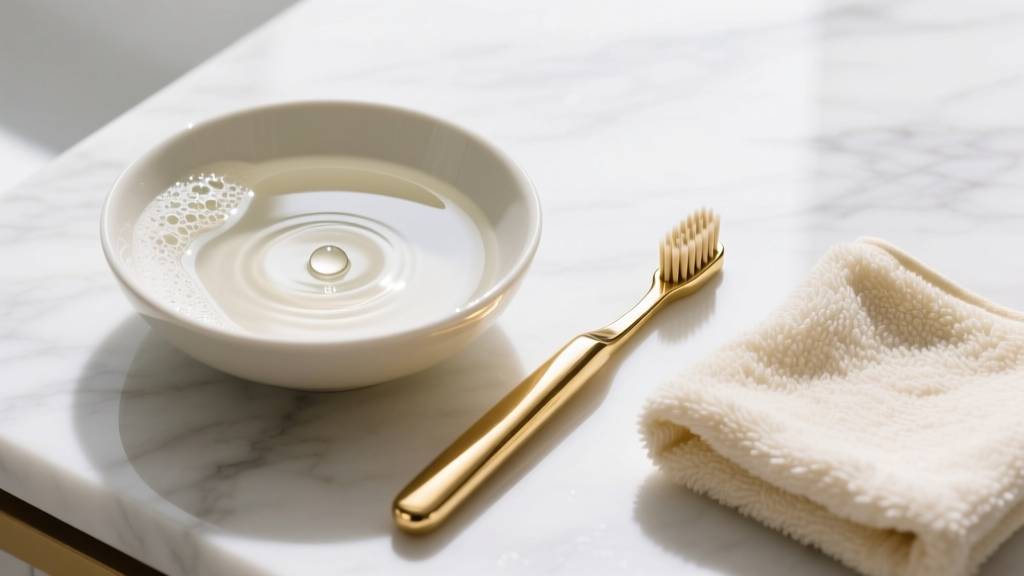 Overhead view of a gold cleaning kit with a bowl of soapy water, a soft toothbrush, and a microfiber cloth on white marble.