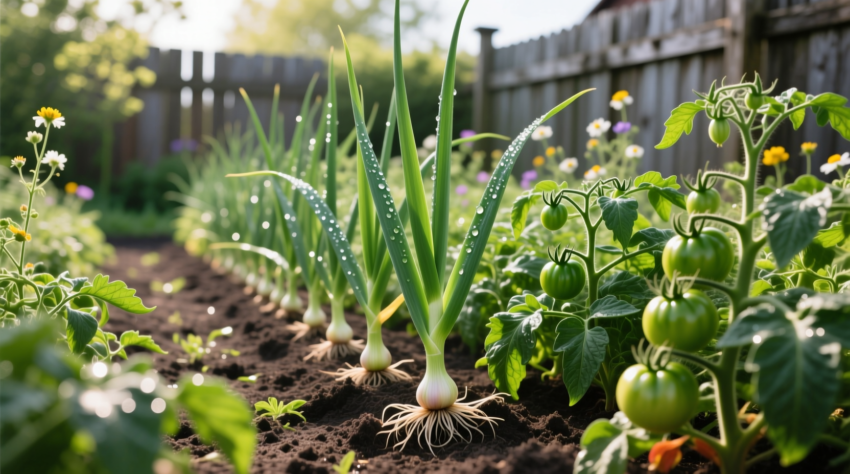 Garlic growing with tomato plants in garden
