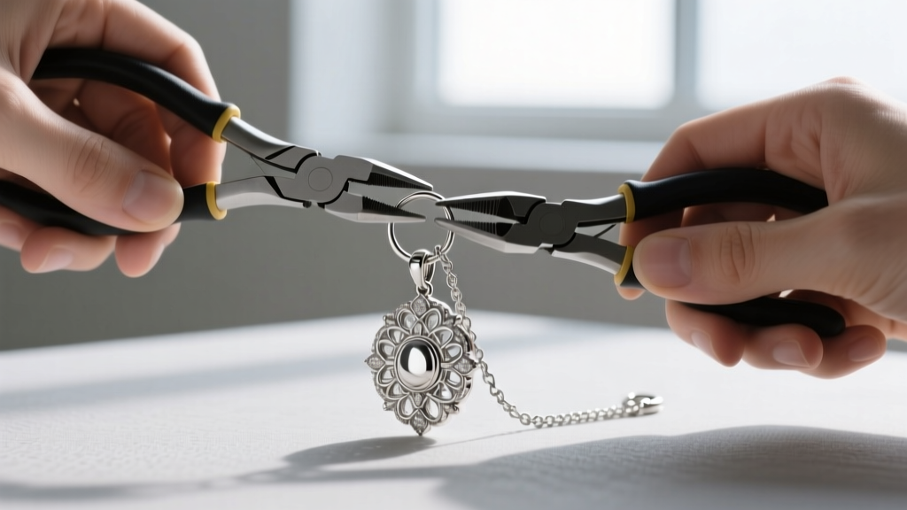 Jeweler using flat-nose pliers to securely close a 4mm jump ring connecting a heavy pendant to a sterling silver chain extender.