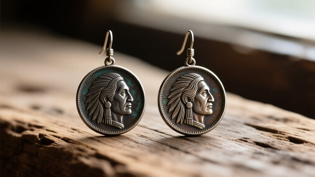 Authentic Indian Head nickel earrings on a rustic wood display, highlighting the Native American profile and a dark, aged patina.