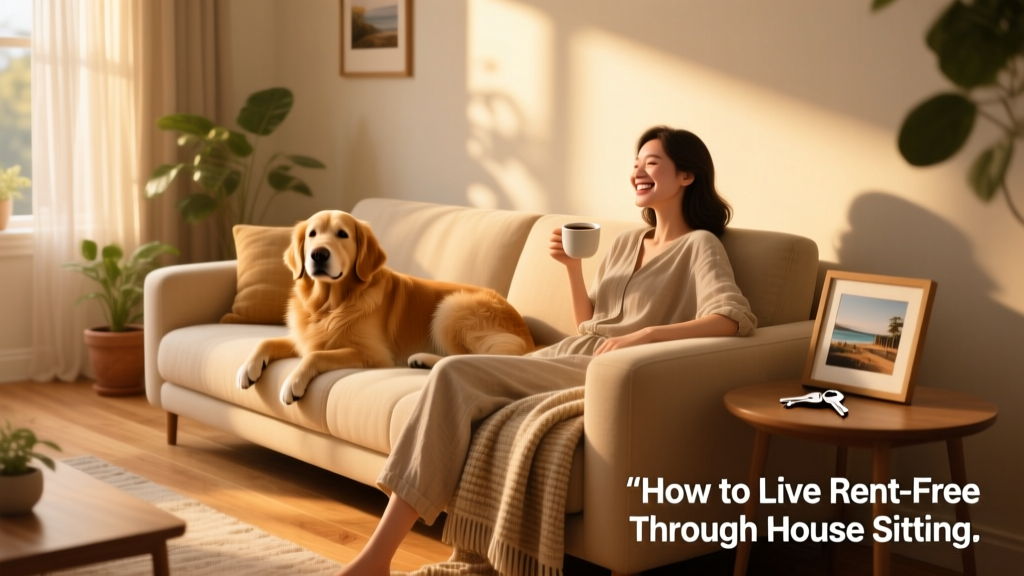 A warm, sunlit living room with a relaxed dog resting on a sofa beside a smiling person