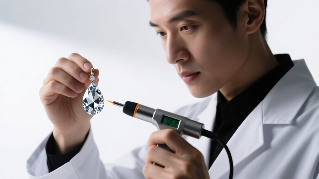 Jeweler using a thermal tester on a clear faceted quartz drop earring to distinguish it from glass under bright studio lighting.