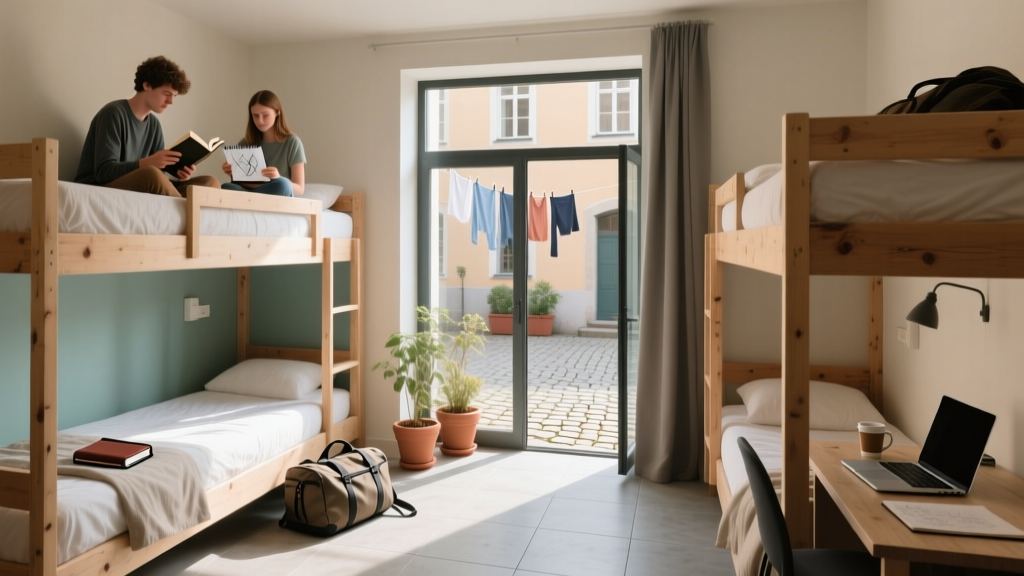 Bunk beds in a dorm room in a hostel