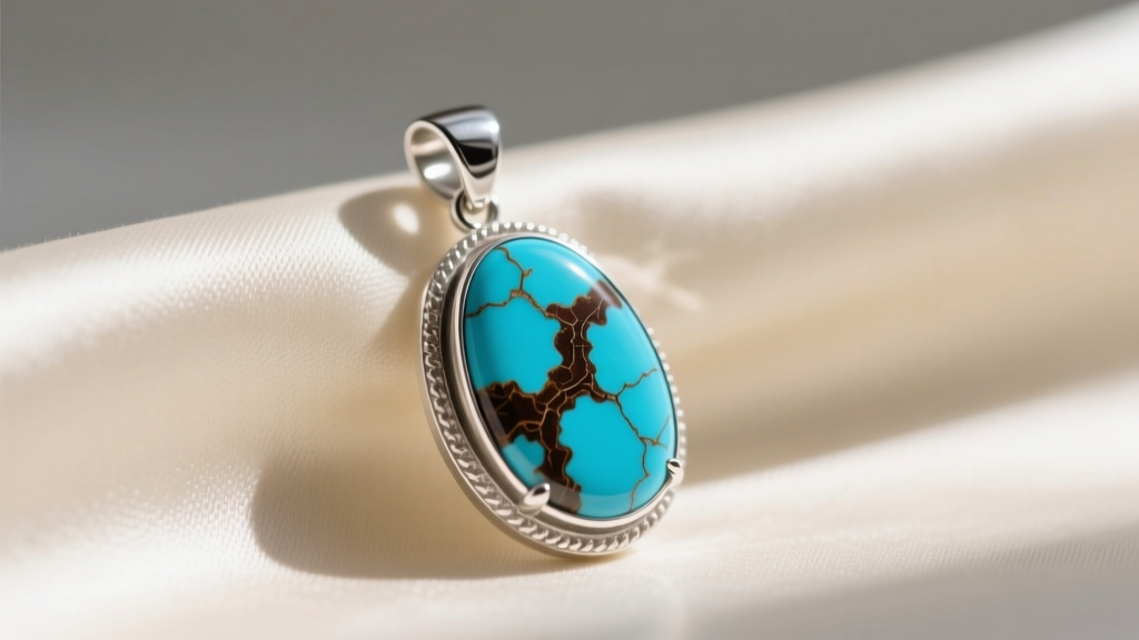 Close-up of a sterling silver pendant with vibrant blue turquoise and dark brown matrix veins, resting on cream silk fabric.