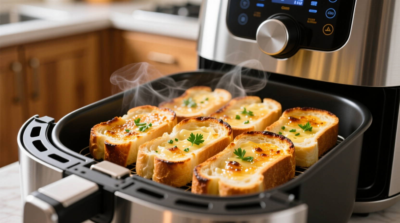 Perfectly golden garlic bread slices in air fryer basket