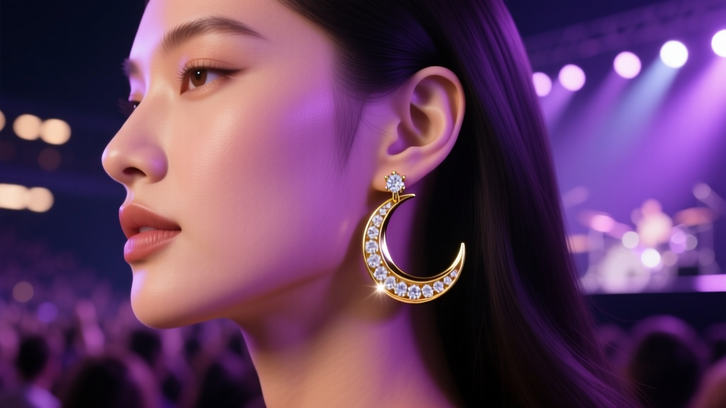 Close-up of a fan wearing 14k gold crescent moon drop earrings with pavé diamonds, illuminated by purple stadium concert lighting.