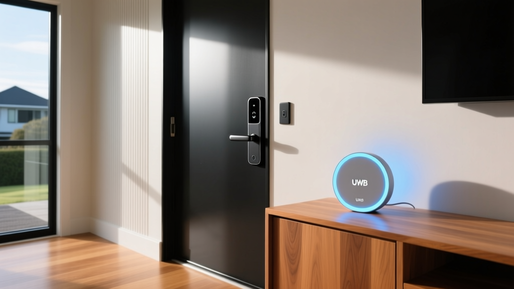 Modern Auckland home entrance with a matte black UWB smart lock and a glowing USB-C Thread border router on a nearby wooden console table.