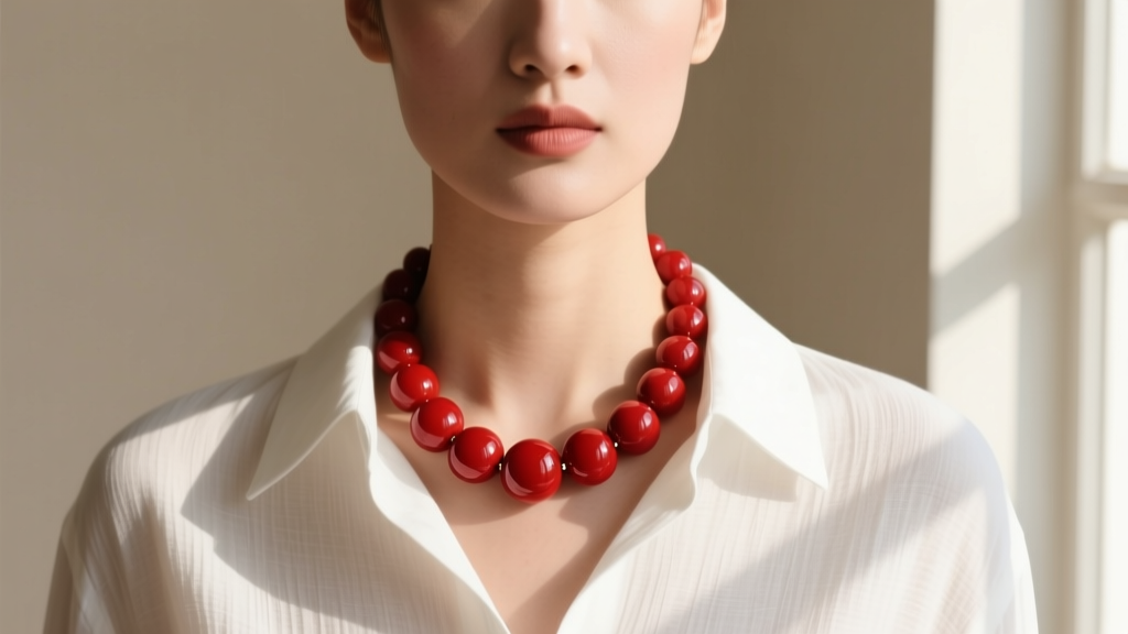 Model wearing an 18mm carnelian large red bead necklace resting on a crisp white linen shirt collar in soft, natural daylight.