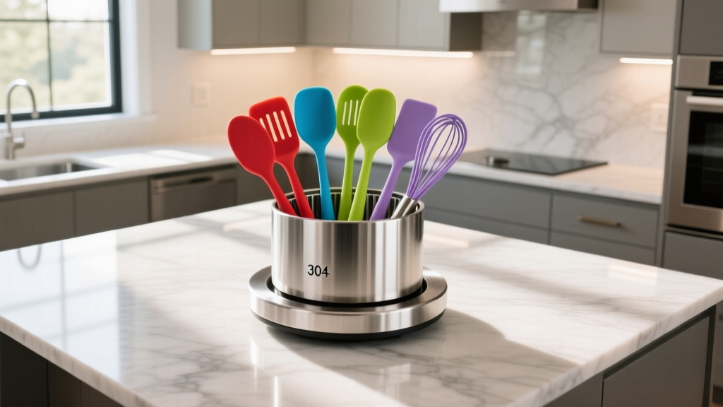 Overhead view of modern kitchen island featuring rotating 304 stainless steel kitchen gadget caddy filled with silicone spatulas and whisks