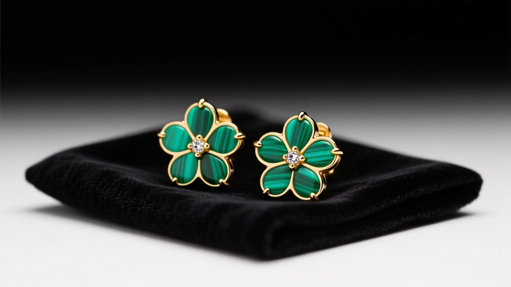 LV Color Blossom earrings in 18k gold and green malachite resting on a dark velvet cleaning cloth under soft studio lighting.