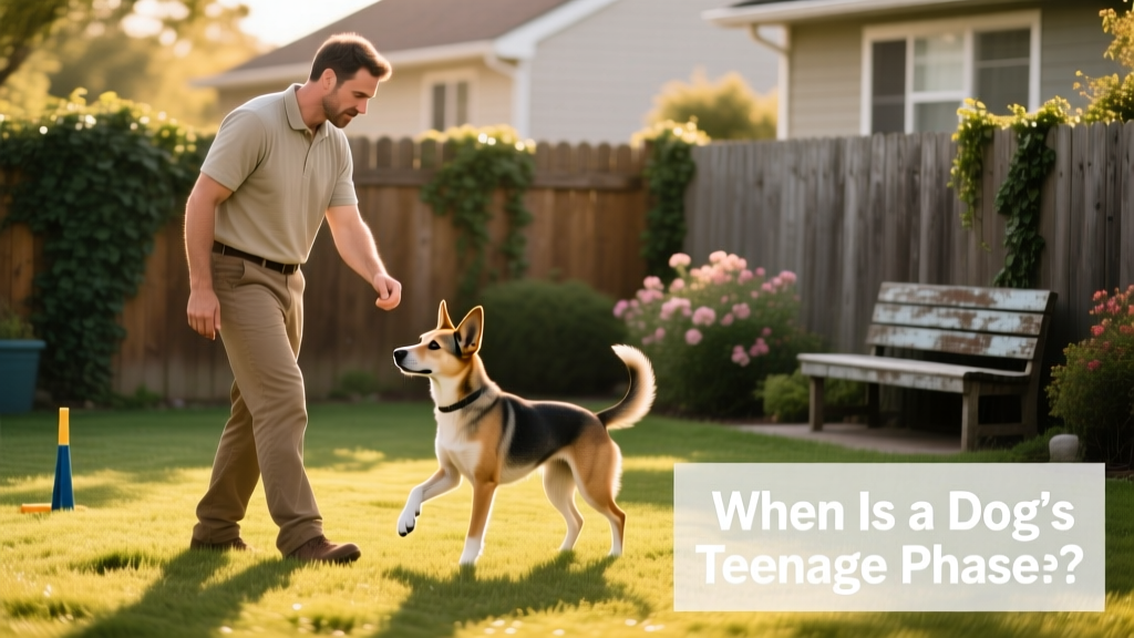 A calm, confident adult handler gently guiding an adolescent dog through basic obedience training in a quiet backyard
