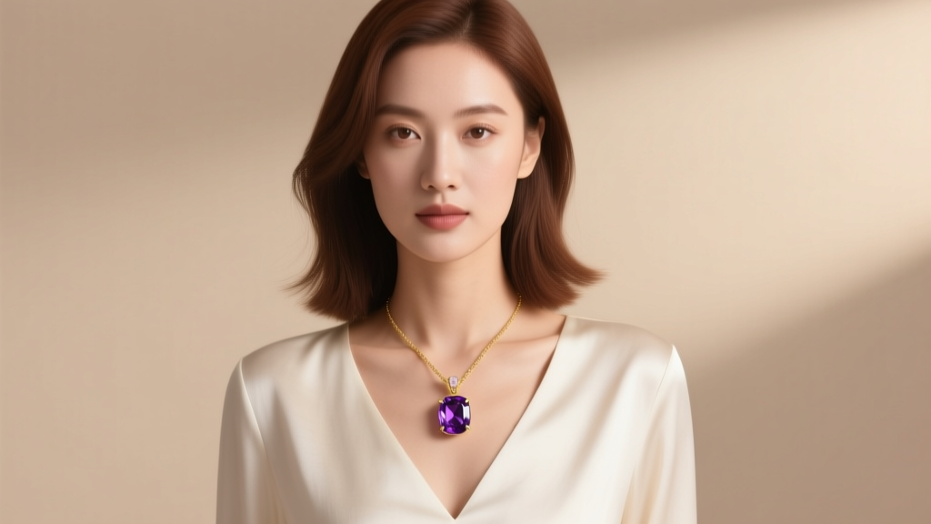 Woman in V-neck top wearing 18-inch 14k gold amethyst pendant, highlighting the purple gemstone under soft, warm studio lighting.