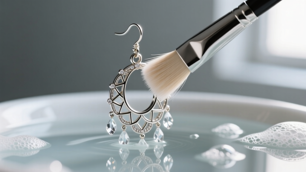 Close-up of a soft brush gently cleaning intricate crevices of a silver chandelier earring submerged in a mild soap solution