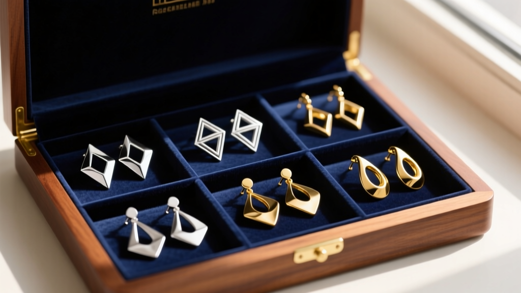 An open jewelry box lined with anti-tarnish velvet holding organized pairs of sterling silver and gold asymmetric earrings