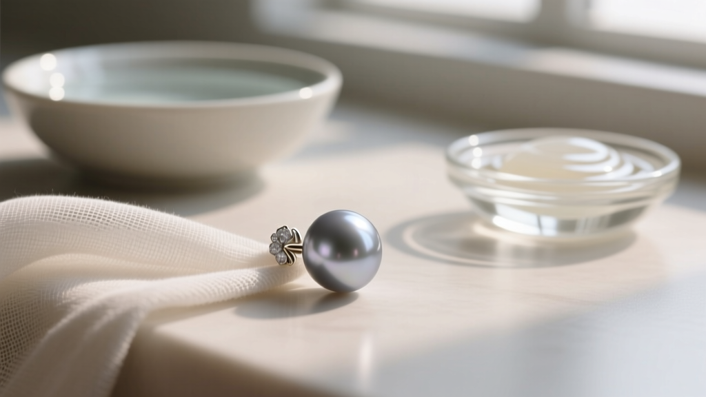 Soft microfiber cloth gently wiping a gray pearl earring, with a bowl of distilled water and mild soap visible in the background