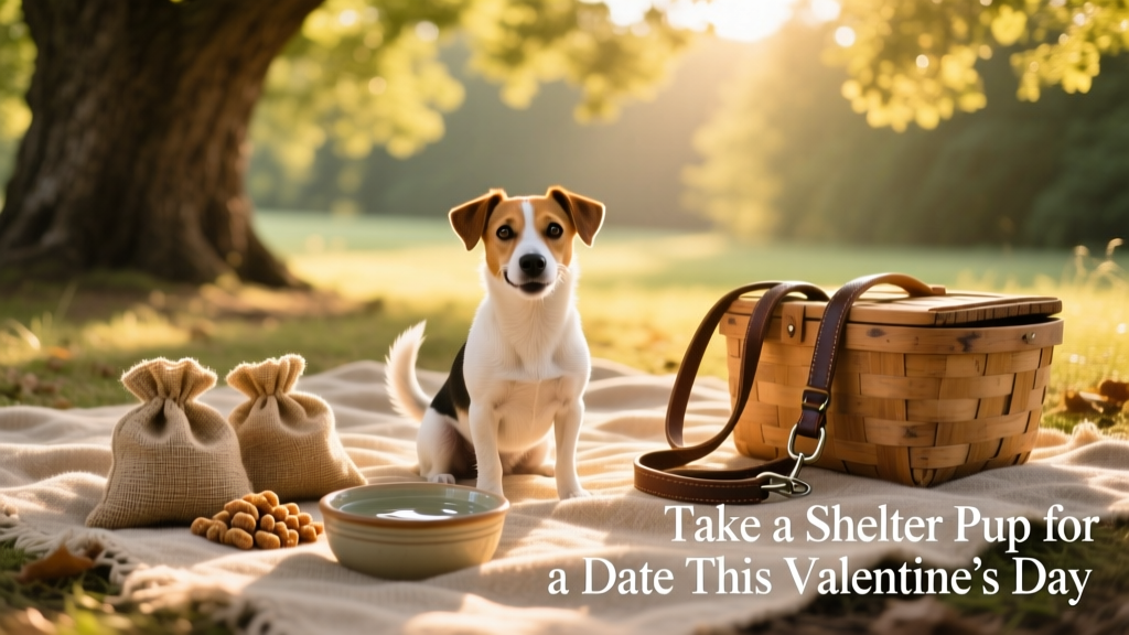 A picnic blanket spread under a tree with dog-safe treats, a water bowl, and two leashes draped nearby