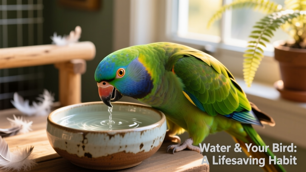 Close-up of a healthy parrot drinking fresh water from a clean ceramic bowl