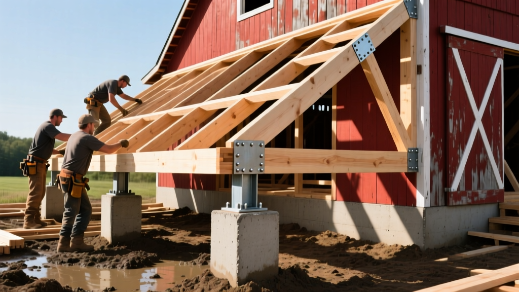 Carpenters framing a wooden lean-to roof attached to a barn, with concrete pier foundations and steel post brackets visible in the dirt