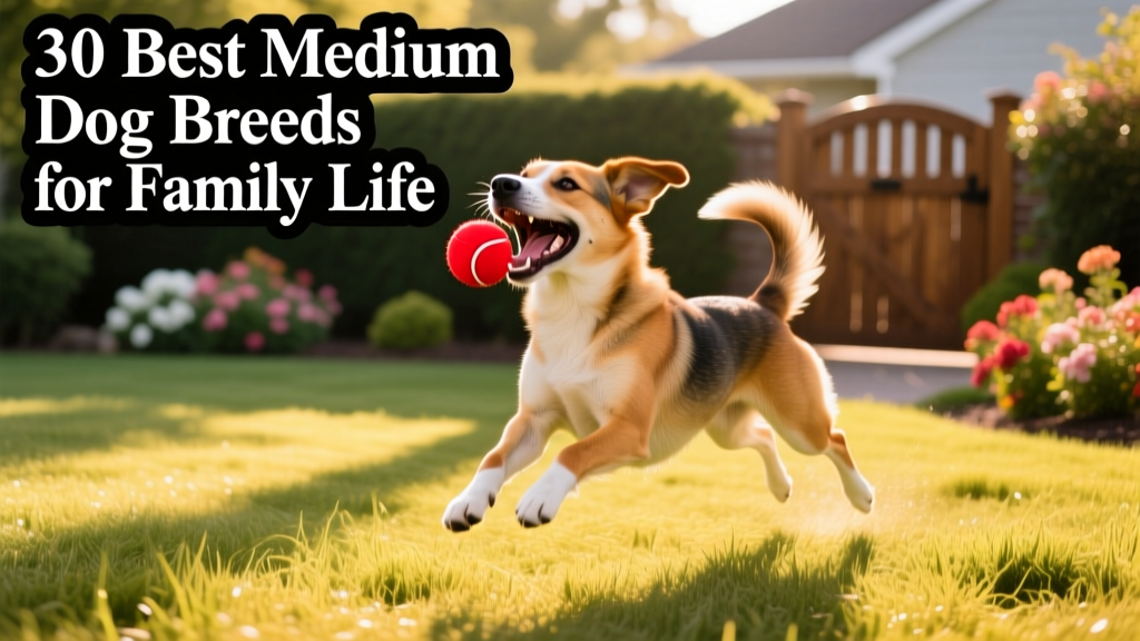 A joyful mixed-breed medium dog playing fetch in a sunlit backyard