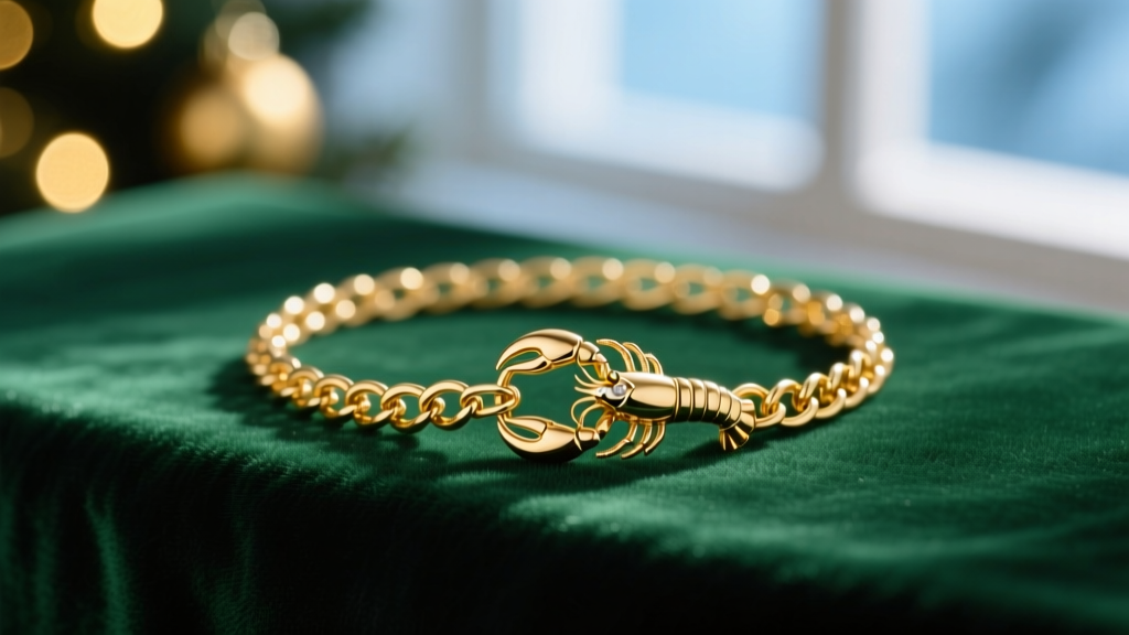 Macro shot of a 1.2mm 14k gold rolo chain and lobster clasp resting on deep emerald green velvet with subtle holiday bokeh