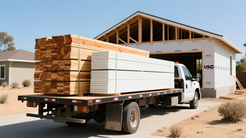 Flatbed truck delivering stacked Douglas Fir framing lumber and USG drywall to a residential construction site in Oxnard California
