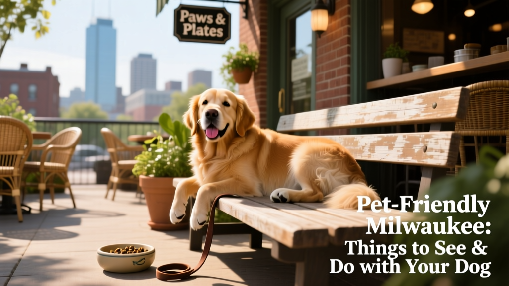 A happy dog relaxing on a sunny outdoor patio at a Milwaukee restaurant