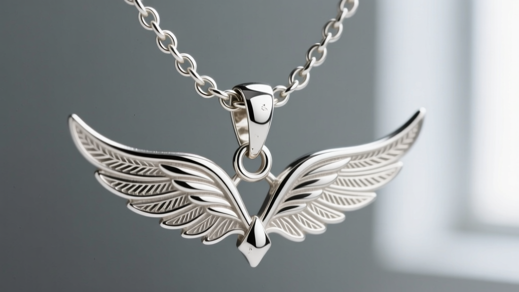 Macro photography of a 925 sterling silver box chain clasp and jump ring attaching to a detailed metallic wing jewelry pendant.