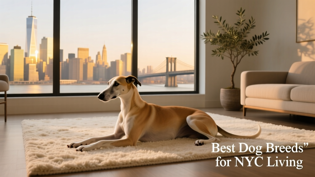 A calm Greyhound lounging on a cozy apartment rug beside a window overlooking the city skyline