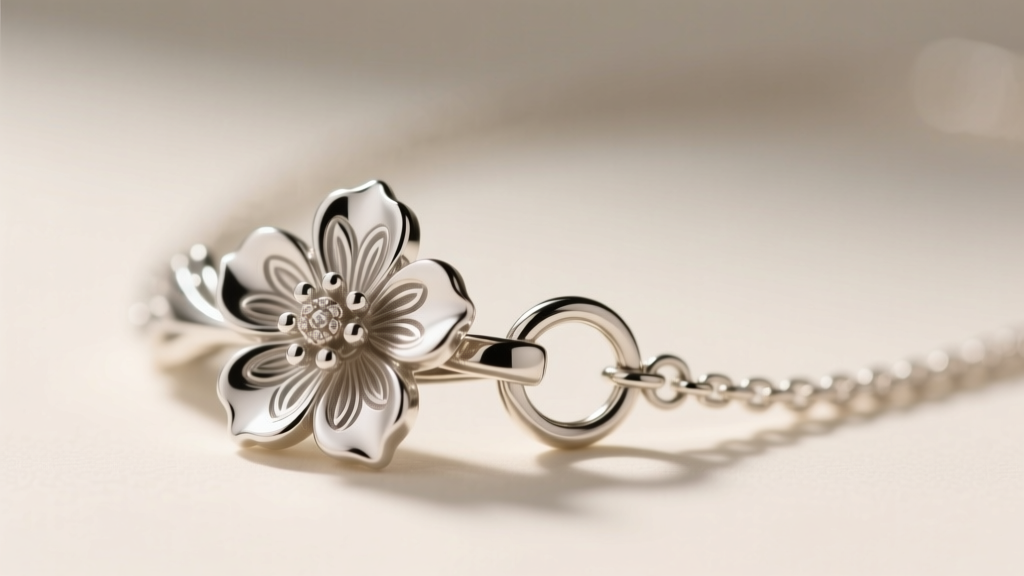 Macro photography of a silver floral necklace clasp and jump ring, showing a crisp '925' hallmark stamp and rhodium plating finish.