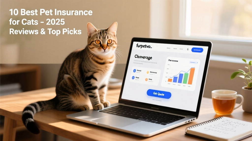 A friendly tabby cat sitting beside a laptop showing the furpetvo.com dashboard with clear coverage details and a 'Get Quote' button highlighted