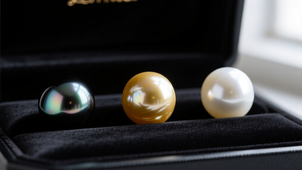 Macro view of dark Tahitian, golden South Sea, and white freshwater pearls resting side-by-side on a dark velvet jeweler tray.