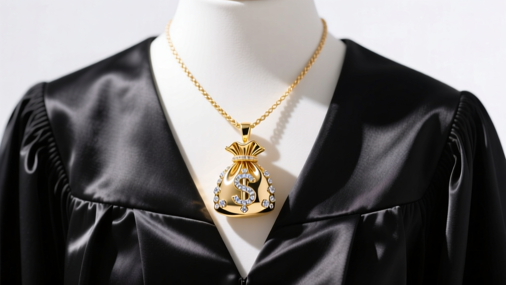 14k gold money bag pendant with diamonds on a rope chain over a black graduation gown V-neckline in bright natural sunlight