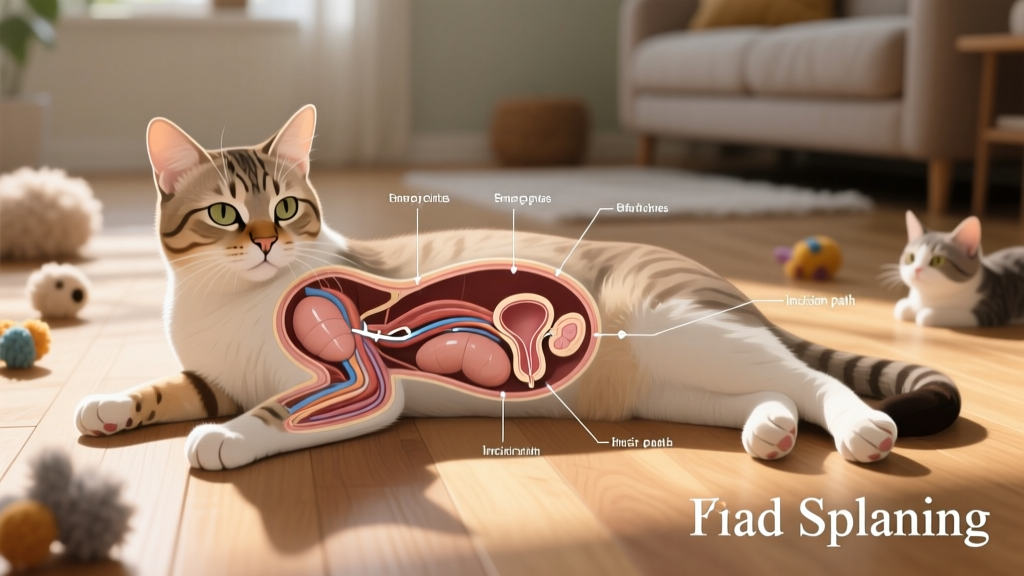 Illustrated diagram showing spay incision location and internal anatomy removal