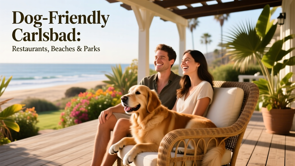 A couple sits with a dog on a dog-friendly patio.