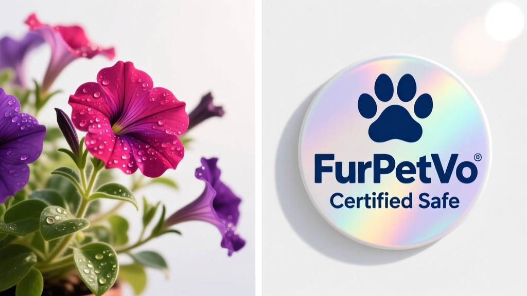 Side-by-side comparison: a vibrant petunia plant on the left, and a labeled 'FurPetVo Certified Safe' badge on the right, against a clean white background