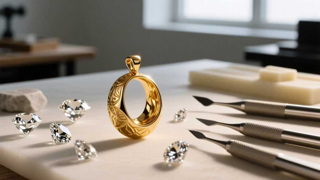 Workbench showing lost-wax casting for a gold pendant, with raw uncut diamonds and carving tools in sharp, bright macro focus