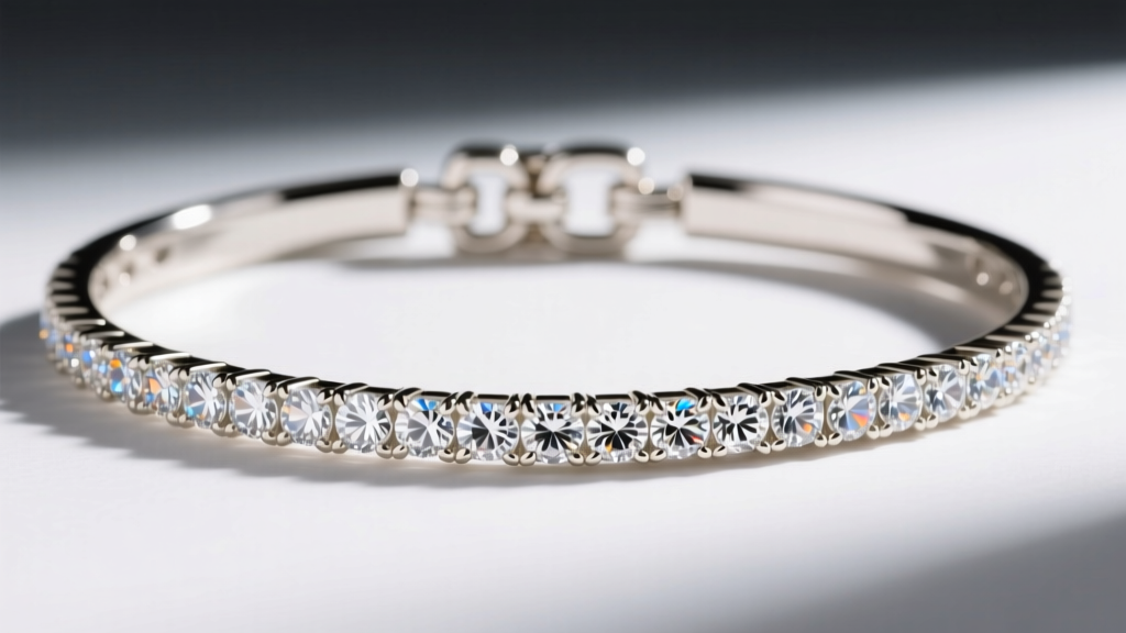 Close-up of an 18k white gold rivière diamond choker with a secure tongue-and-groove box clasp and figure-eight safety catches