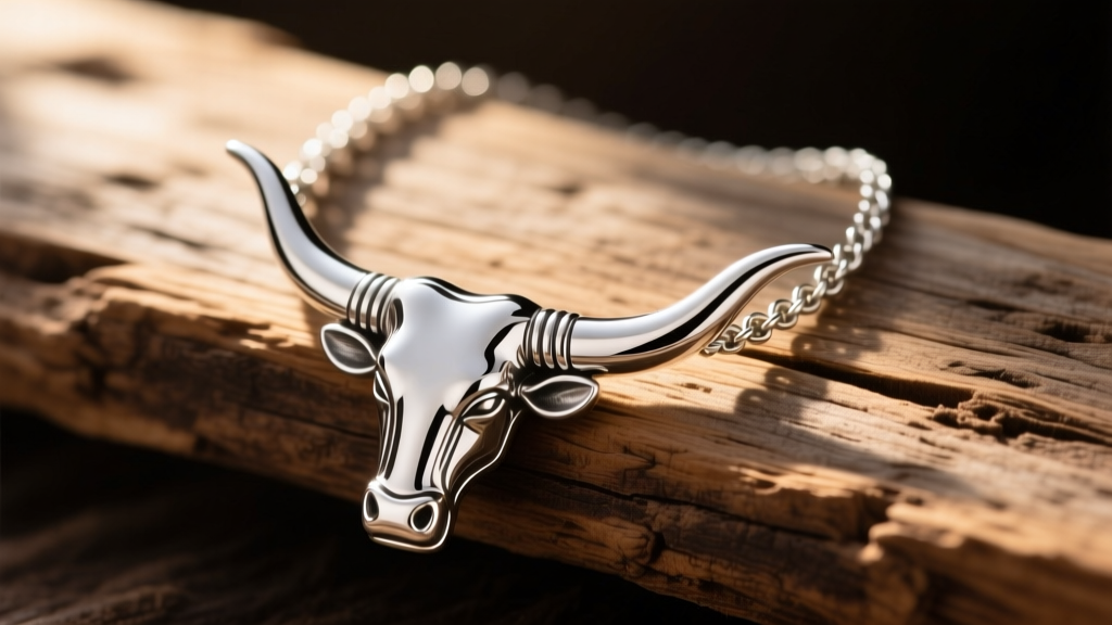 Close-up of a polished sterling silver Texas Longhorn necklace resting on rustic wood under soft, warm directional sunlight.