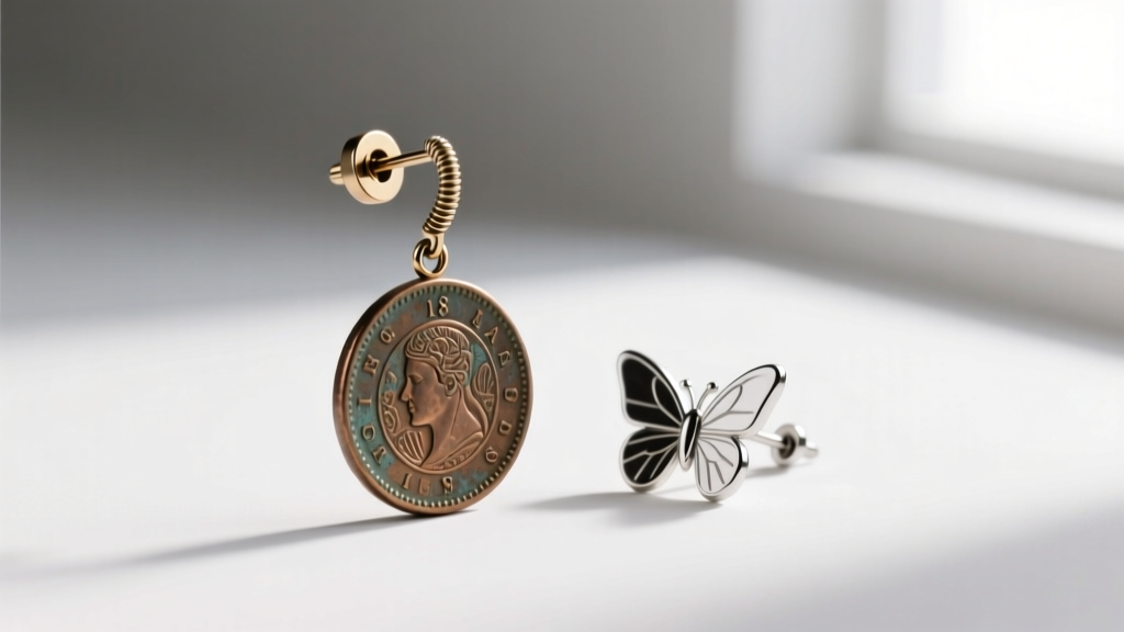 Side profile of 18-gauge ancient coin drop earring with a secure screw-back clutch next to a standard butterfly back for scale.