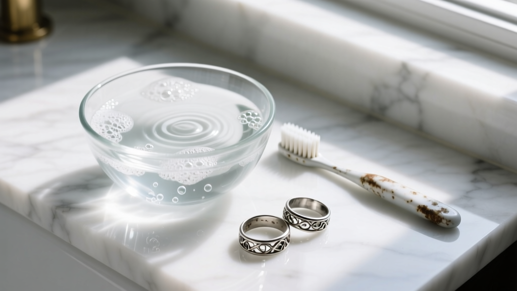 Overhead view of a glass bowl with soapy water, a soft toothbrush, and tarnished silver rings resting on a white marble countertop
