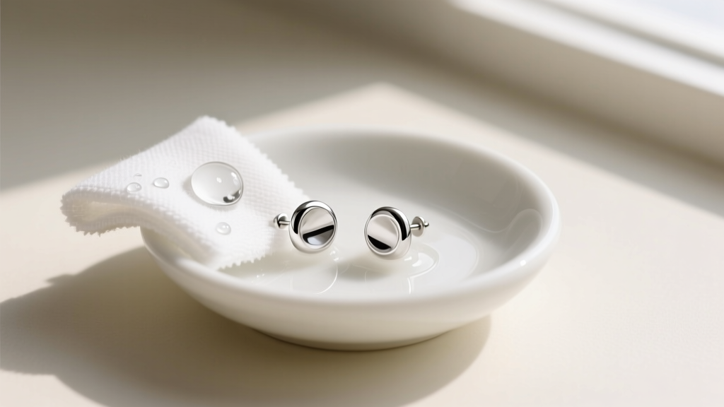 Flat lay of sterling silver stud earrings gently cleaned with microfiber cloth and mild soapy water in a small white ceramic dish