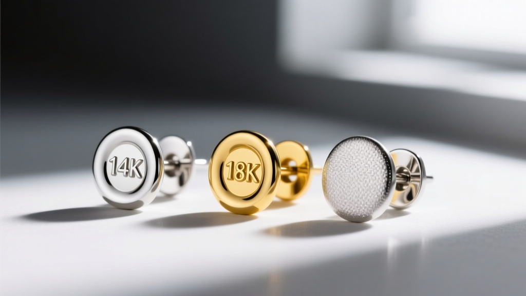 Close-up of 14k white gold, 18k yellow gold, and platinum earring posts showing distinct color tones and metal thickness variations