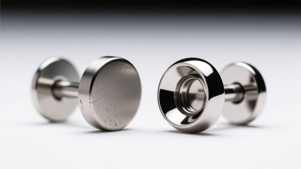 Macro shot comparing a matte titanium earring post with a shiny 316L surgical steel friction stud under bright studio lighting