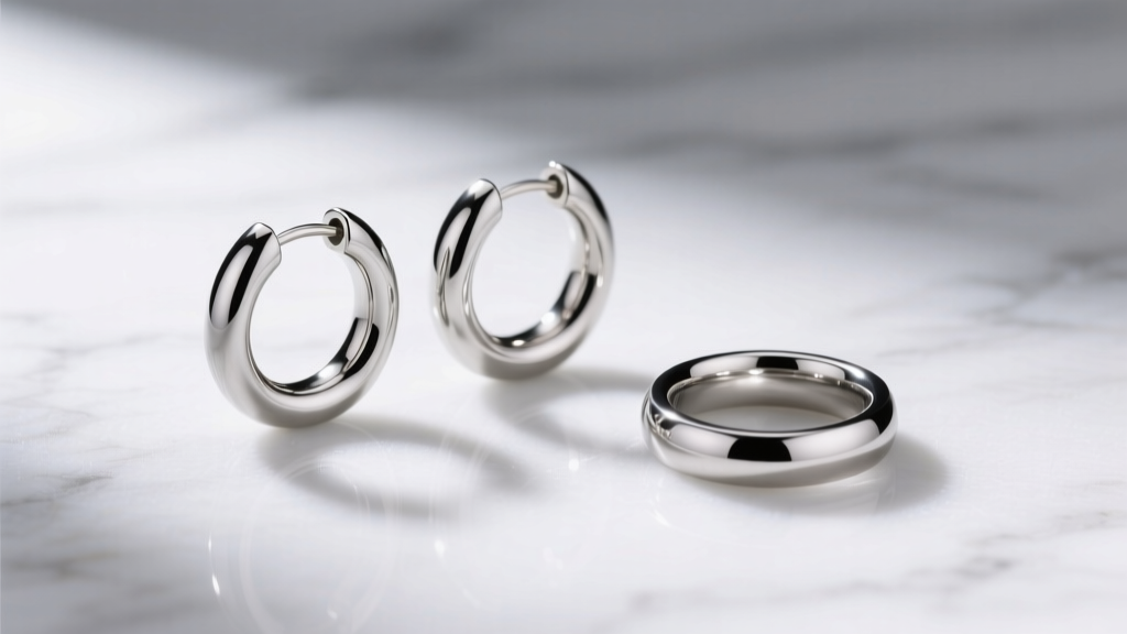 Polished ASTM F136 titanium huggie earring and matching titanium band ring resting on white marble under soft studio lighting.