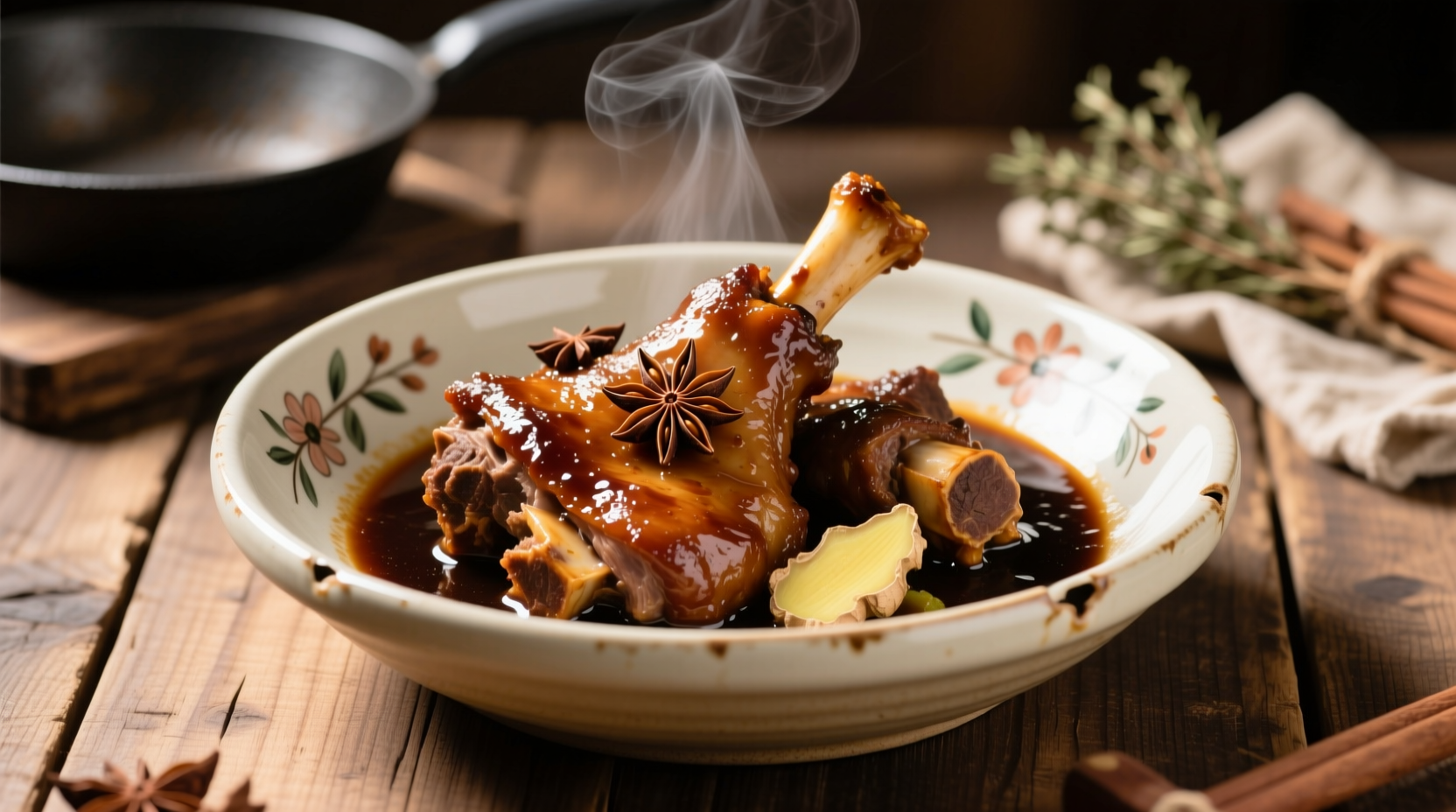 Perfectly braised mutton shanks in ceramic dish
