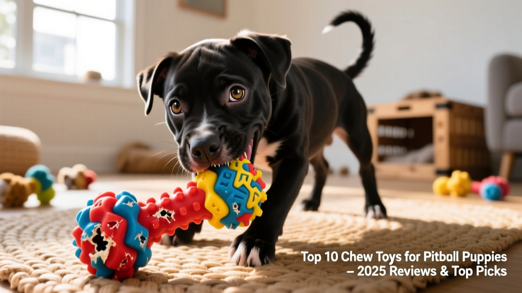 A playful Pitbull puppy gnawing happily on a bright, textured rubber chew toy