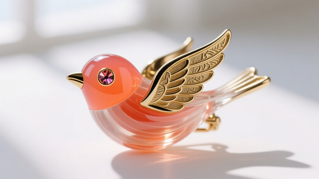 Macro shot of a vintage 1950s Lucite jelly belly bird brooch with gold-tone metal wings and a bright coral glass cabochon eye