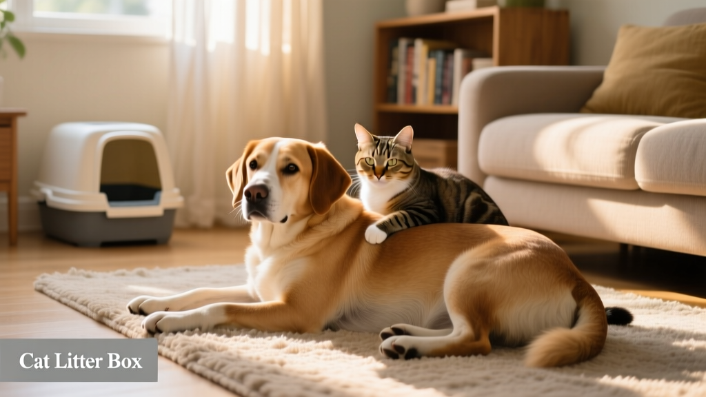 Happy dog and cat resting peacefully in the same room, with a secure litter box visible in the background